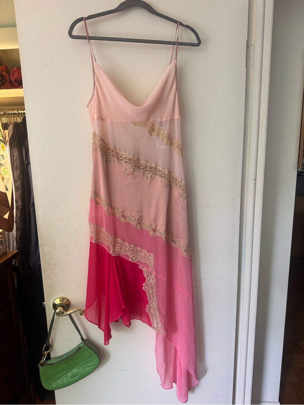 Danielle Guizio Pink Ombré Asymmetrical Slip Dress with Gold Lace